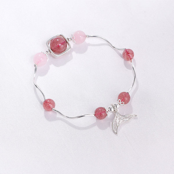 Strawberry Quartz Rose Quartz Crystal Silver Fish Tail Bead Bracelet Handmade Jewelry Women