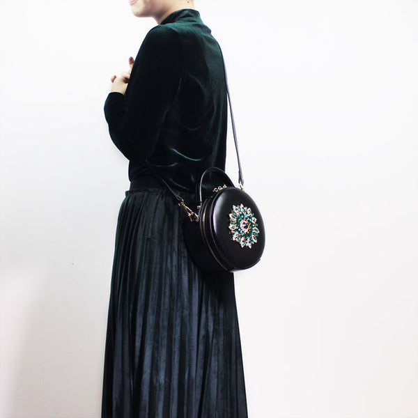 Stylish Black Leather Circle Bag Cross Shoulder Bag For Women Chic