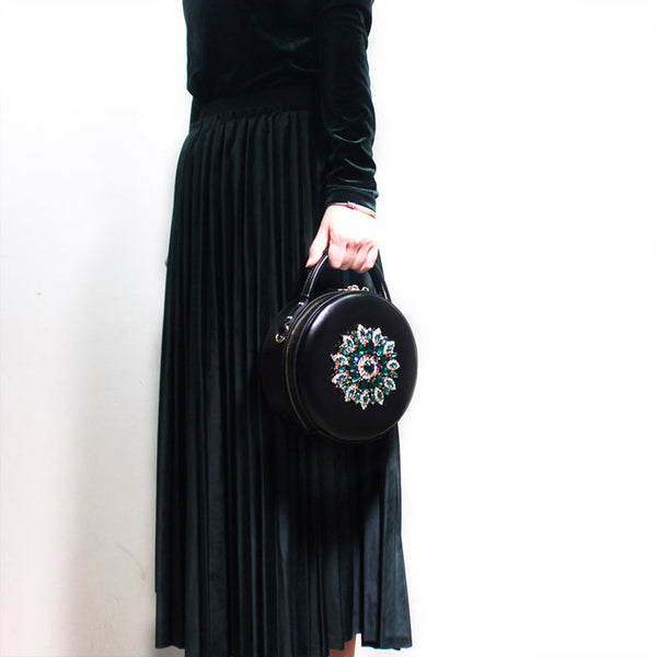 Stylish Black Leather Circle Bag Cross Shoulder Bag For Women Cowhide