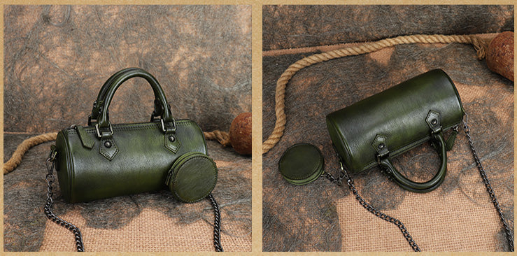 Mini Boston Bag Women's Leather Barrel Bag Handmade 