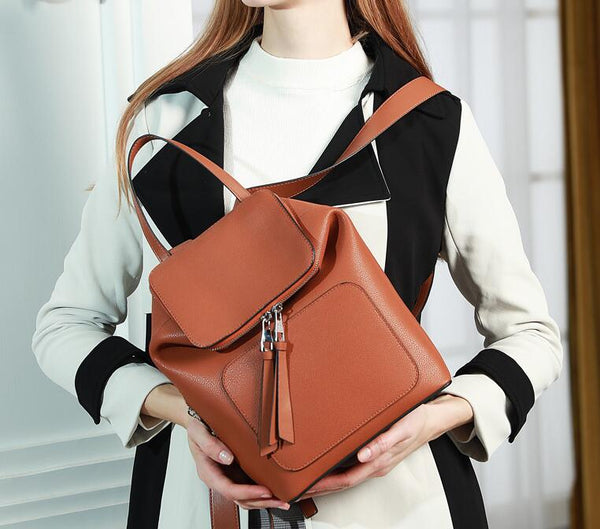 Stylish Ladies Leather Rucksack Bag Backpack Purse For Women Brown