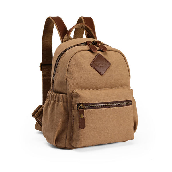 Stylish Women's Brown Canvas And Leather Backpack Purse Small Rucksack Bag With Zipper 