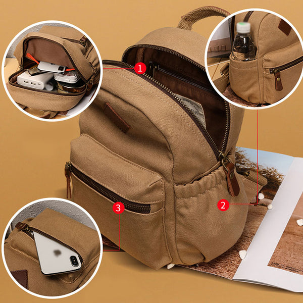 Stylish Women's Brown Canvas And Leather Backpack Purse Small Rucksack Bag With Zipper 