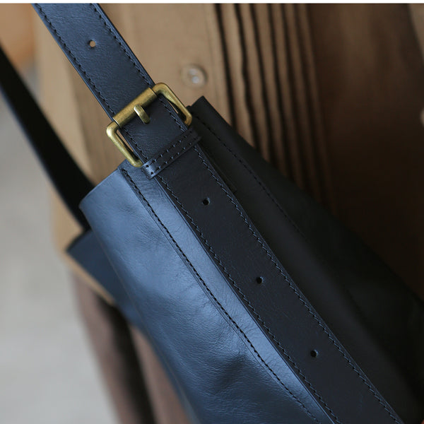 Stylish Women's Genuine Leather Tote Bags Black Leather Shoulder Bag Minimalist