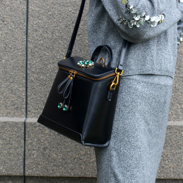 Stylish Womens Black Leather Backpack Purse Cross Shoulder Bag Cowhide