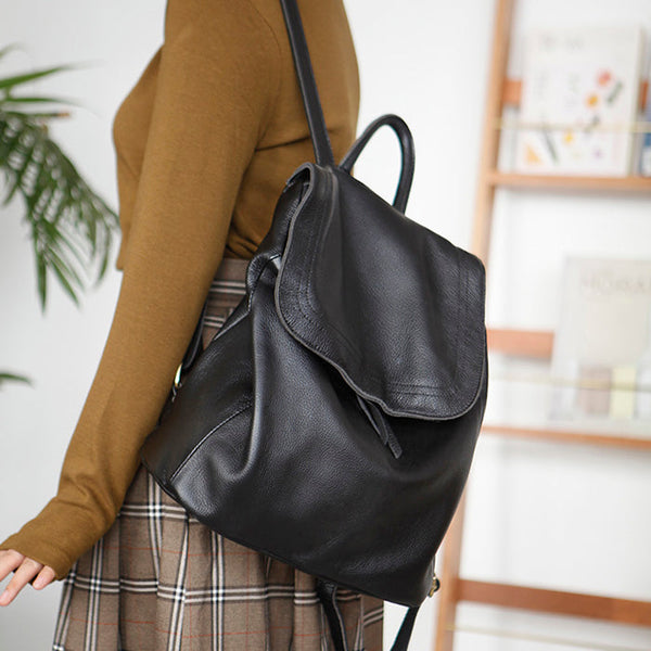 Stylish Womens Black Leather Rucksack Plain Black Backpack For Women Accessories