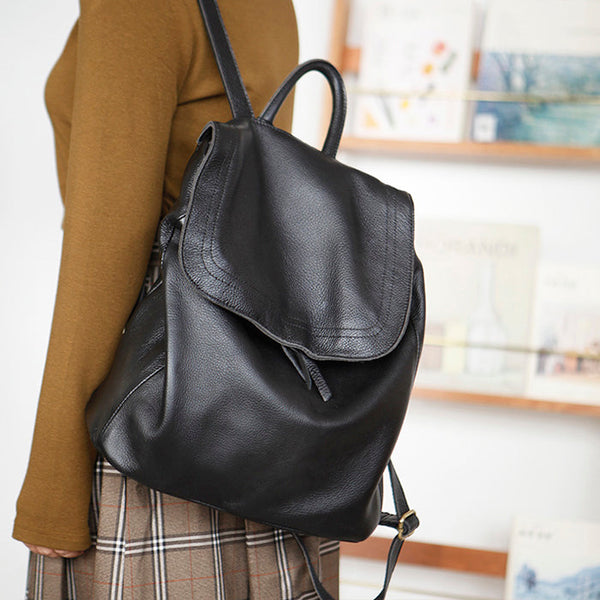 Stylish Womens Black Leather Rucksack Plain Black Backpack For Women Best