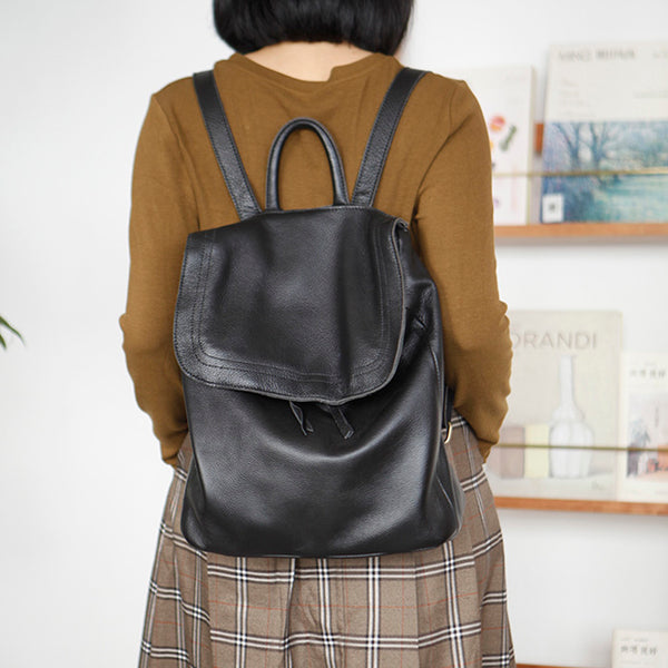 Stylish Womens Black Leather Rucksack Plain Black Backpack For Women Boutique