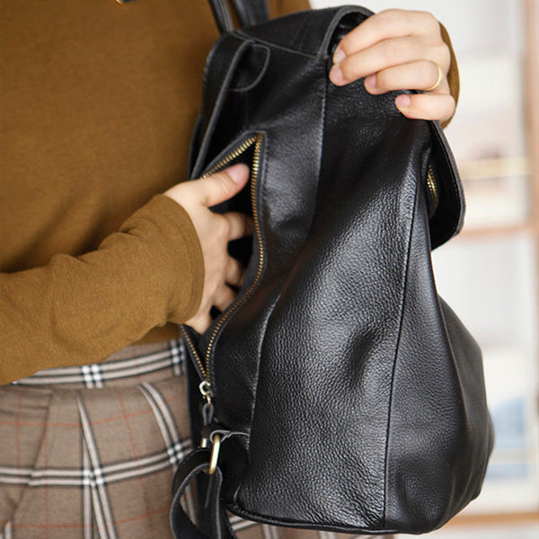 Stylish Womens Black Leather Rucksack Plain Black Backpack For Women Chic
