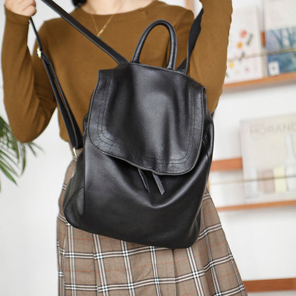 Stylish Womens Black Leather Rucksack Plain Black Backpack For Women Cool