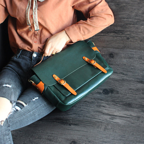 Stylish Womens Green Leather Satchel Bag Crossbody Bags Handbags Details