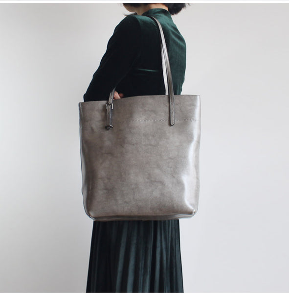 Stylish Womens grey Leather Tote Bag Handbags Shoulder Bag for Women Minimalist