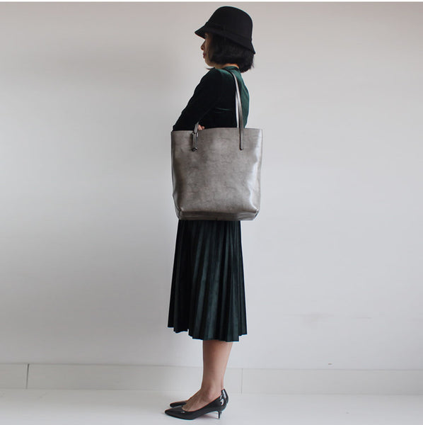 Stylish Womens grey Leather Tote Bag Handbags Shoulder Bag for Women Vintage