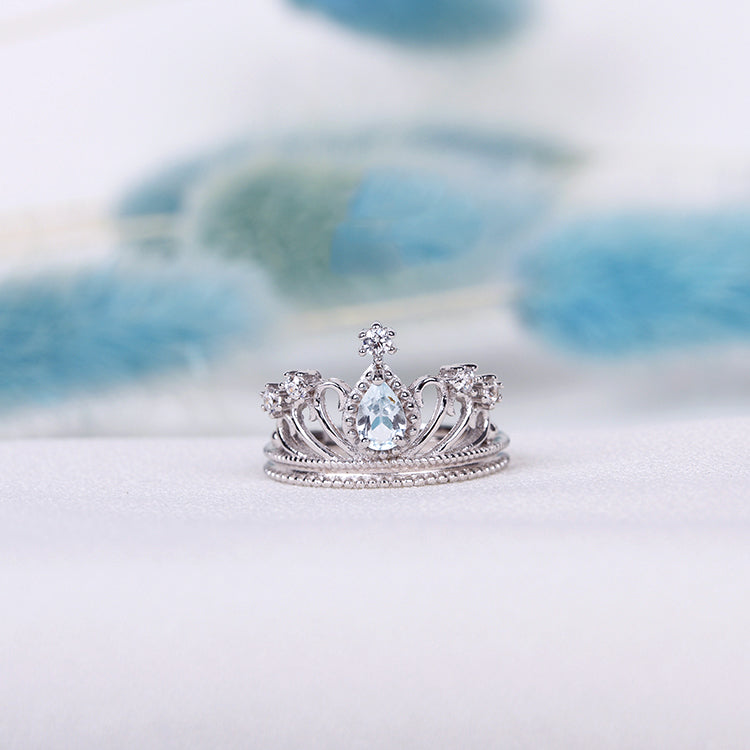 Topaz Crown Ring Gold Silver Engage proposal Ring November Birthstone Women light blue