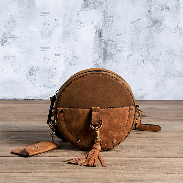 Vegan Leather Circle Bag Fringe Crossbody Boho Bag For Women Aesthetic