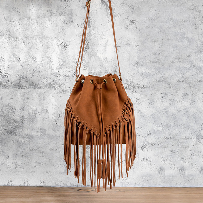 Moda Luxe Women’s Tan Pebble￼ Leather Shoulder Bag With Fringe