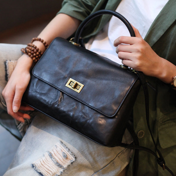Vintage Genuine Leather Handbags Shoulder Crossbody Bags Satchel Purses Women black