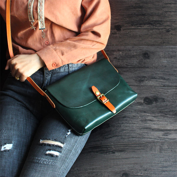 Vintage Green Leather Womens Satchel Bag Crossbody Bags Shoulder Bag