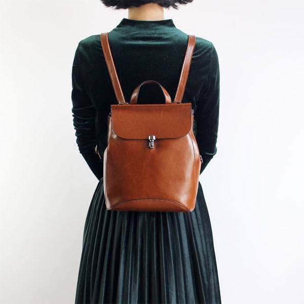 Vintage Handmade Leather Backpack Crossbody Shoulder Bag Purses Women brown