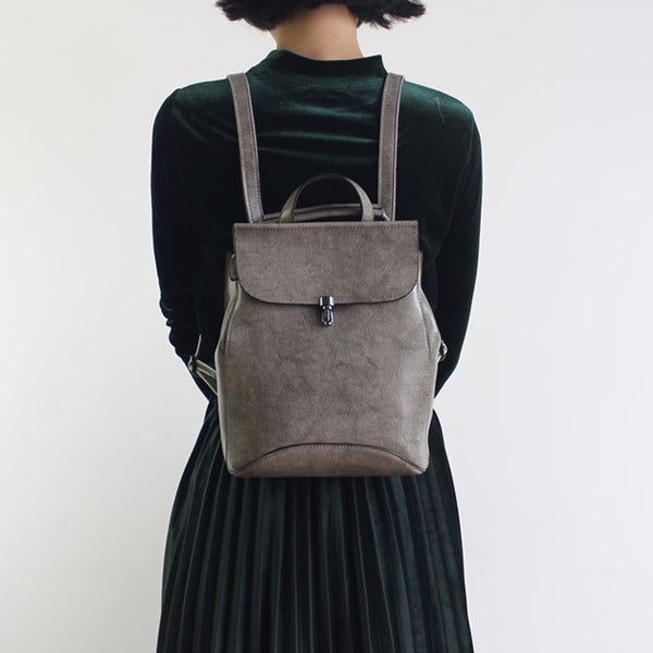 Vintage Handmade Leather Backpack Crossbody Shoulder Bag Purses Women grey