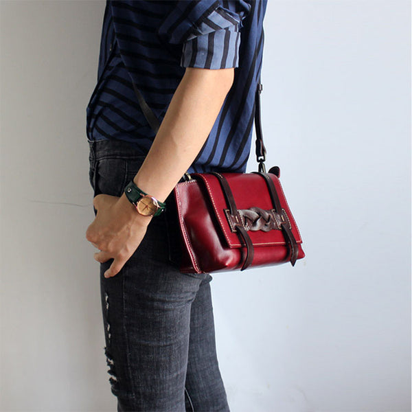 Vintage Handmade Leather Crossbody Shoulder Shell Bags Purses Accessories Women red
