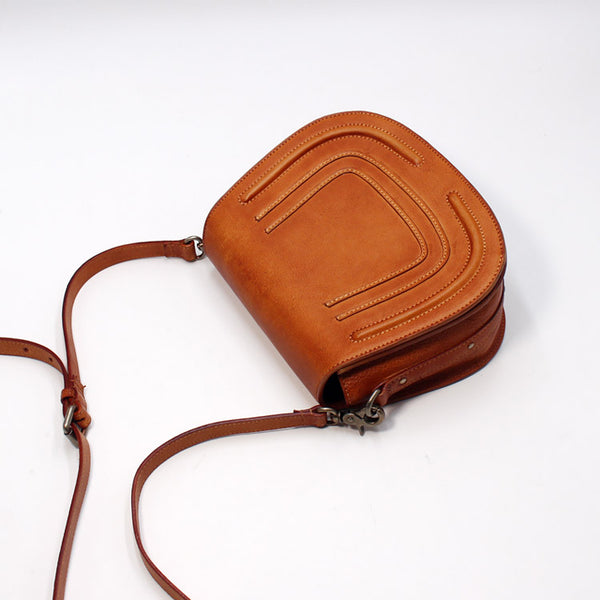 Vintage Handmade Leather Saddle Crossbody Shoulder Bag Round Bag Purses Women brown