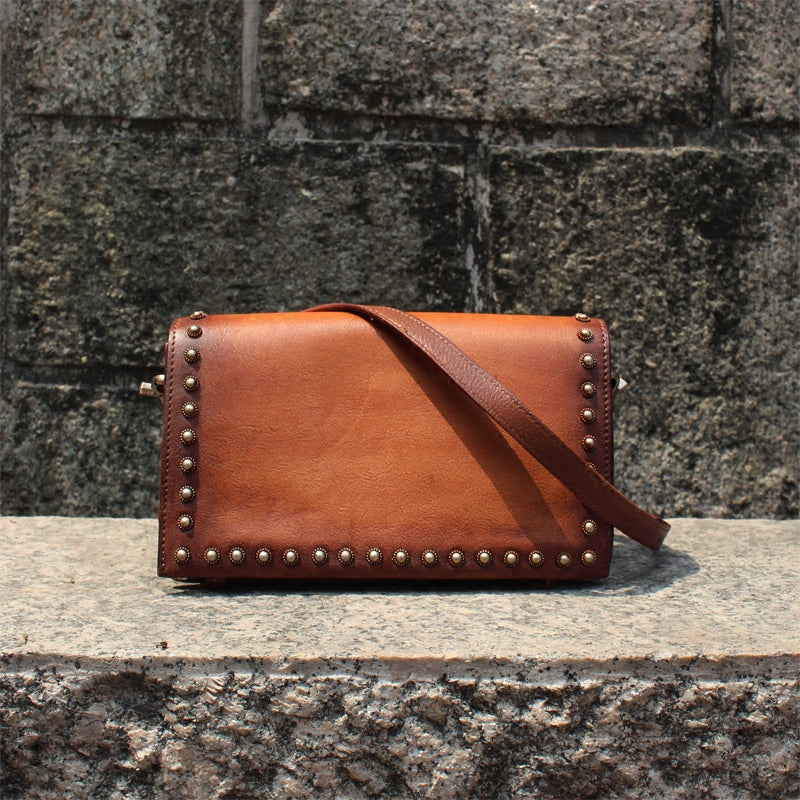 Vintage Handmade Rivet Leather Crossbody Shoulder Bags Purses Accessories Women brown