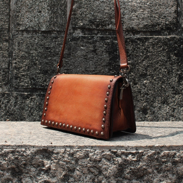 Vintage Handmade Rive -Leather Crossbody Shoulder Bags Purses Accessories Women brown