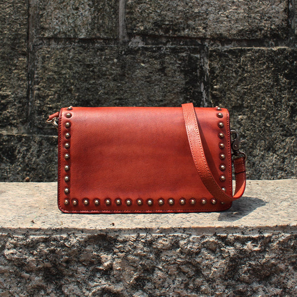 Vintage Handmade Rivet Leather Crossbody Shoulder Bags Purses Accessories Women red 