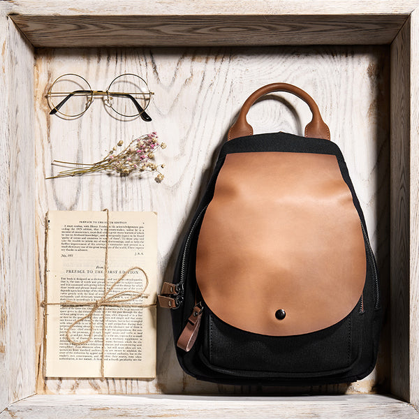 Vintage Ladies Canvas And Genuine Leather Rucksack Backpack Purse Handbags for Women Affordable