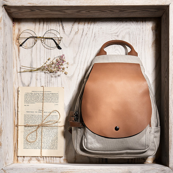 Vintage Ladies Canvas And Genuine Leather Rucksack Backpack Purse Handbags for Women Beautiful