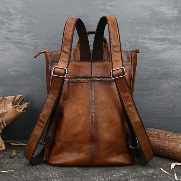 Vintage Ladies Embossed Leather Backpack Purse Rucksack Bag For Women Brown