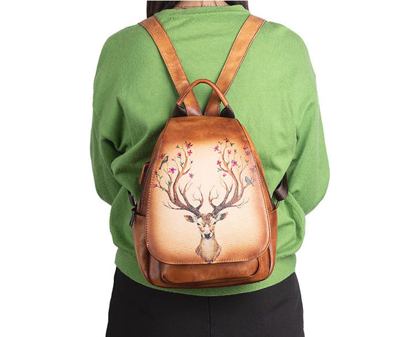 Vintage Ladies Leather Backpack Purse With Built In Universal USB Port For Women Fashion