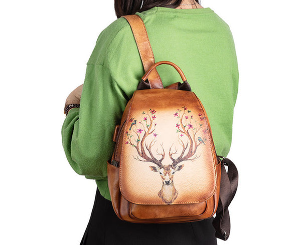Vintage Ladies Leather Backpack Purse With Built In Universal USB Port For Women Funky