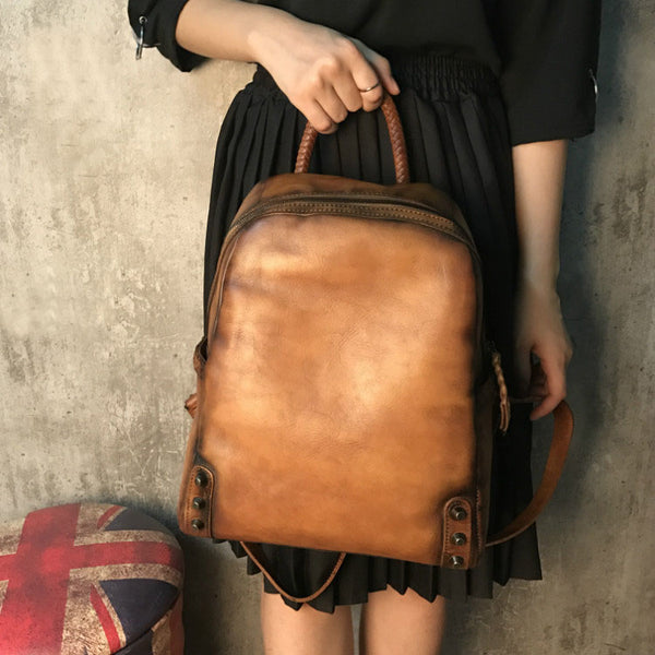 Vintage Ladies Leather Zip Backpack Purse Medium Leather Rucksack For Women Gift idea