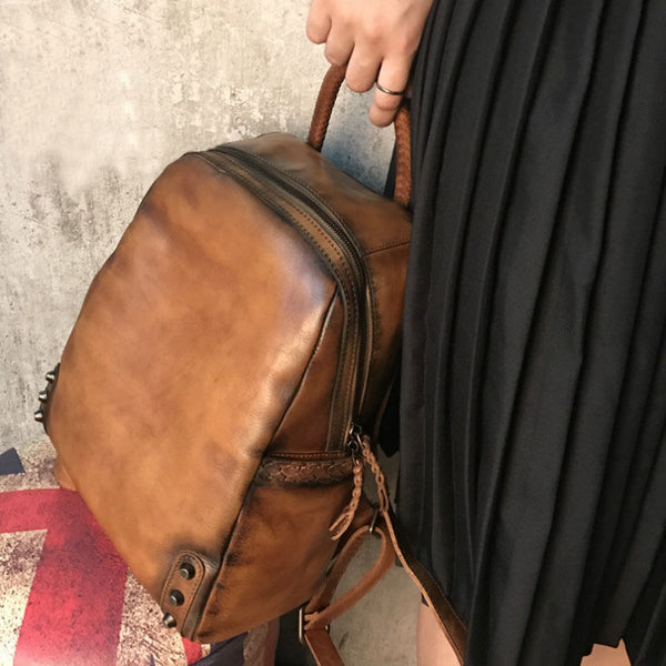 Vintage Ladies Leather Zip Backpack Purse Medium Leather Rucksack For Women Girlfriend