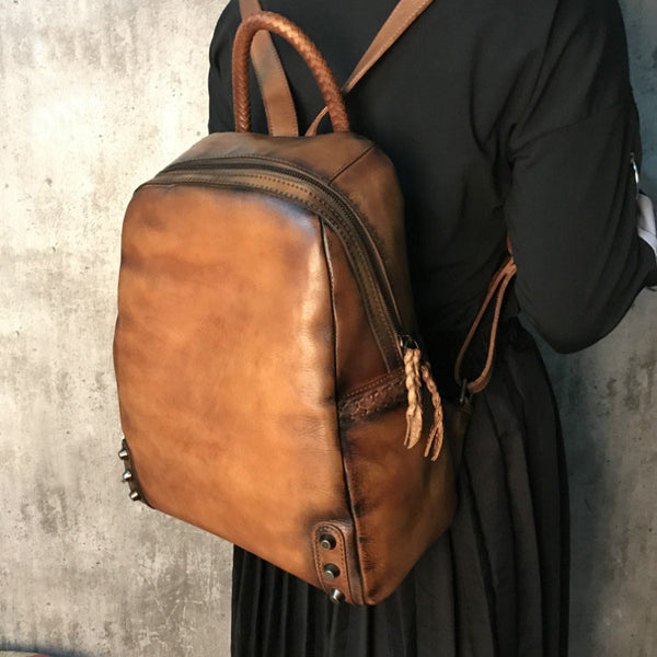 Vintage Ladies Leather Zip Backpack Purse Medium Leather Rucksack For Women Handmade