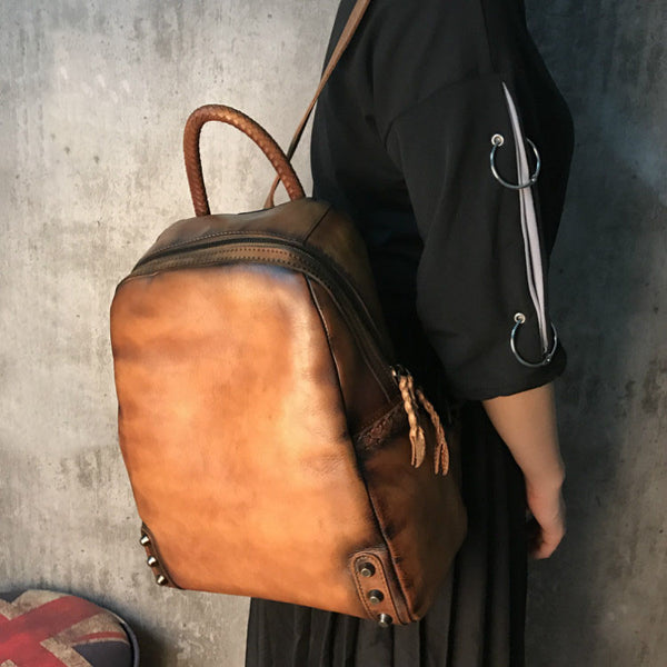 Vintage Ladies Leather Zip Backpack Purse Medium Leather Rucksack For Women Latest
