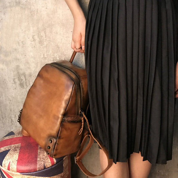 Vintage Ladies Leather Zip Backpack Purse Medium Leather Rucksack For Women Minimalist