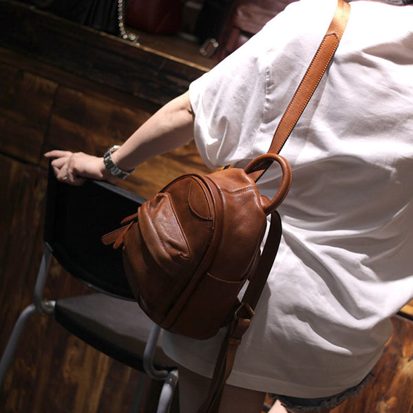 Vintage Ladies Mini Brown Leather Backpack Purse Cute Leather Backpacks for Women Brown