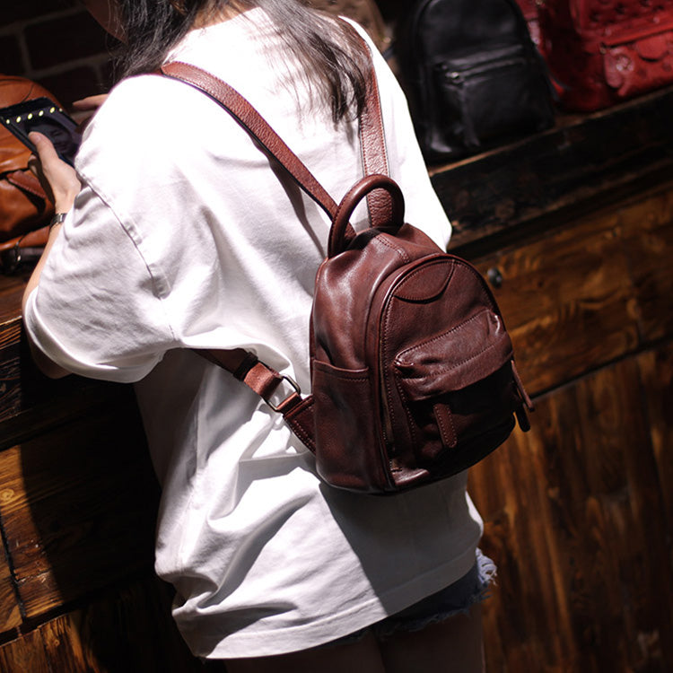 Vintage Ladies Mini Brown Leather Backpack Purse Cute Leather Backpacks for  Women