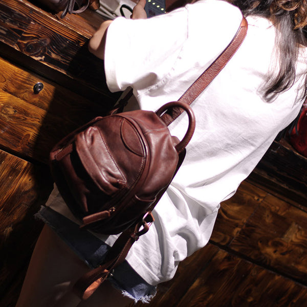 Vintage Ladies Mini Brown Leather Backpack Purse Cute Leather Backpacks for Women cowhide
