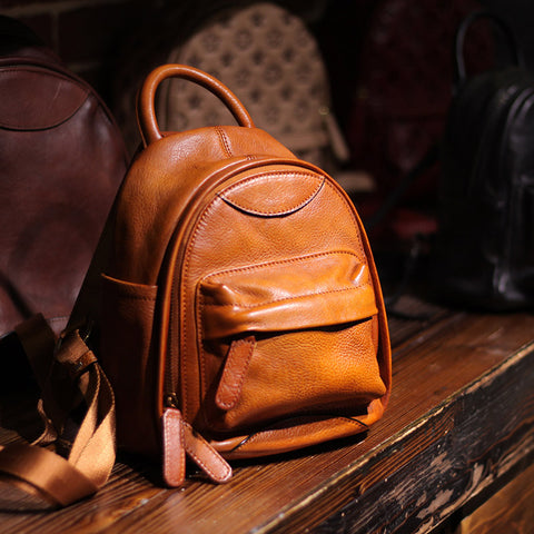 Vintage Ladies Mini Brown Leather Backpack Purse Cute Leather Backpacks for Women