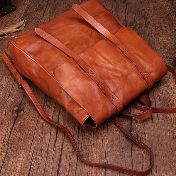 Vintage Ladies Square Leather Backpack Bag Purse Brown Cool Backpacks For Women Genuine Leather
