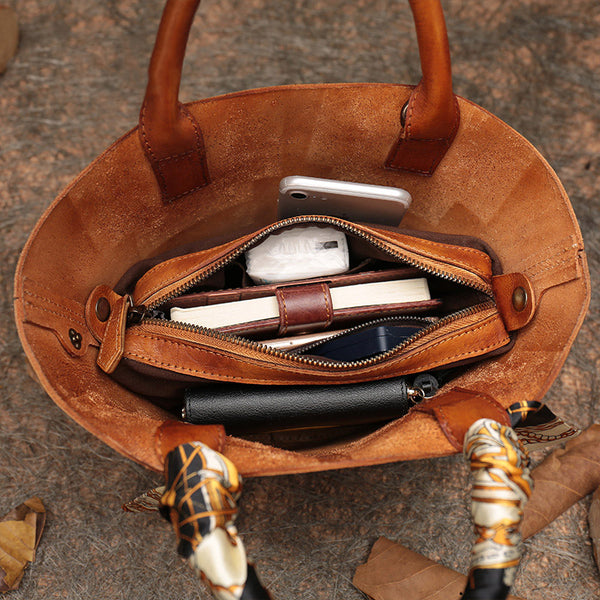 Vintage Brown Leather Crossbody Bucket Bag Purse Handbags for Women inside
