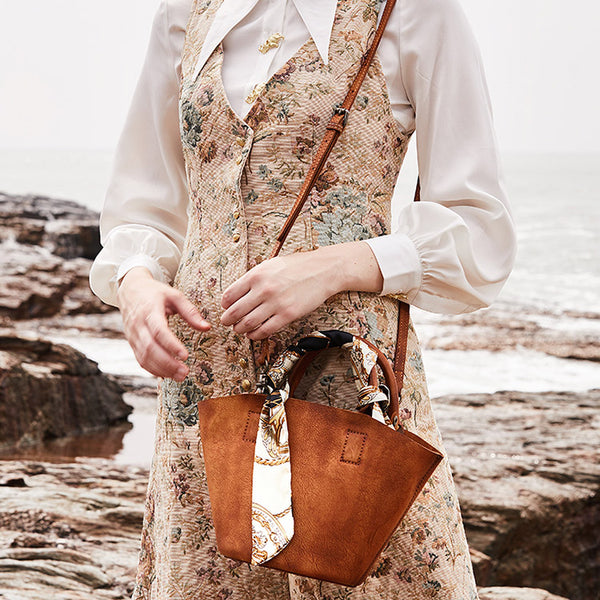 Vintage Brown Leather Crossbody Bucket Bag Purse Handbags for Women Cute