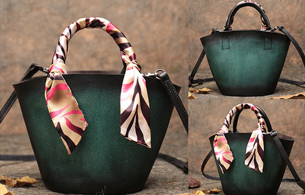 Vintage Brown Leather Crossbody Bucket Bag Purse Handbags for Women Green
