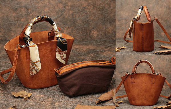 Womens Brown Leather Crossbody Bucket Bag Purse Handbags for Women