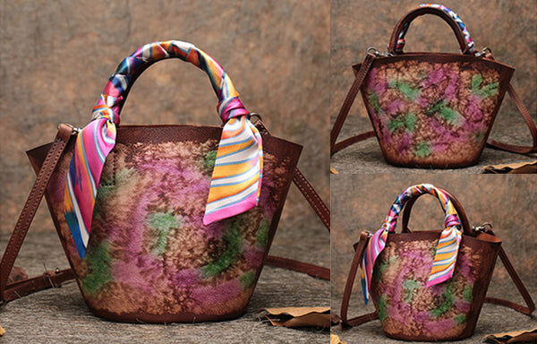 Vintage Brown Leather Crossbody Bucket Bag Purse Handbags for Women Handmade