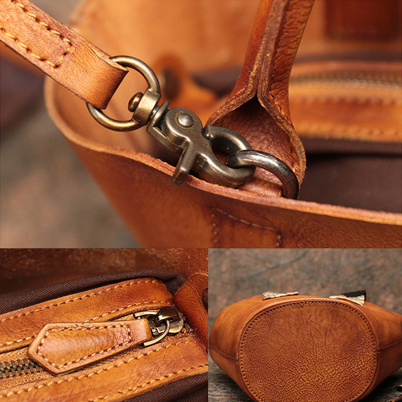 Vintage Brown Leather Crossbody Bucket Bag Purse Handbags for